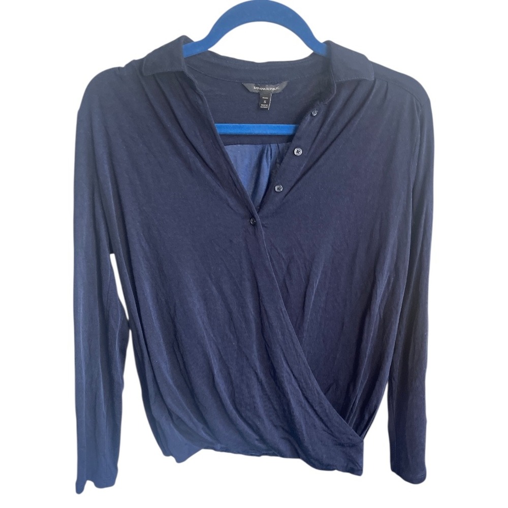 Banana Republic Navy Blue Petite Collared Wrap Long Sleeve Shirt Top Size SP